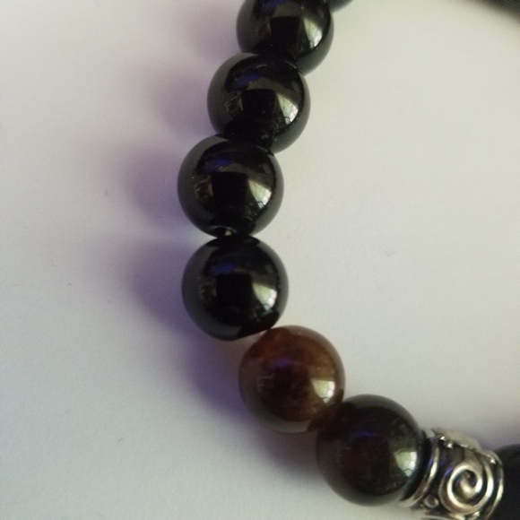 Gemstone beads stretch bracelet black orange lava silver tone - Picture 8 of 9